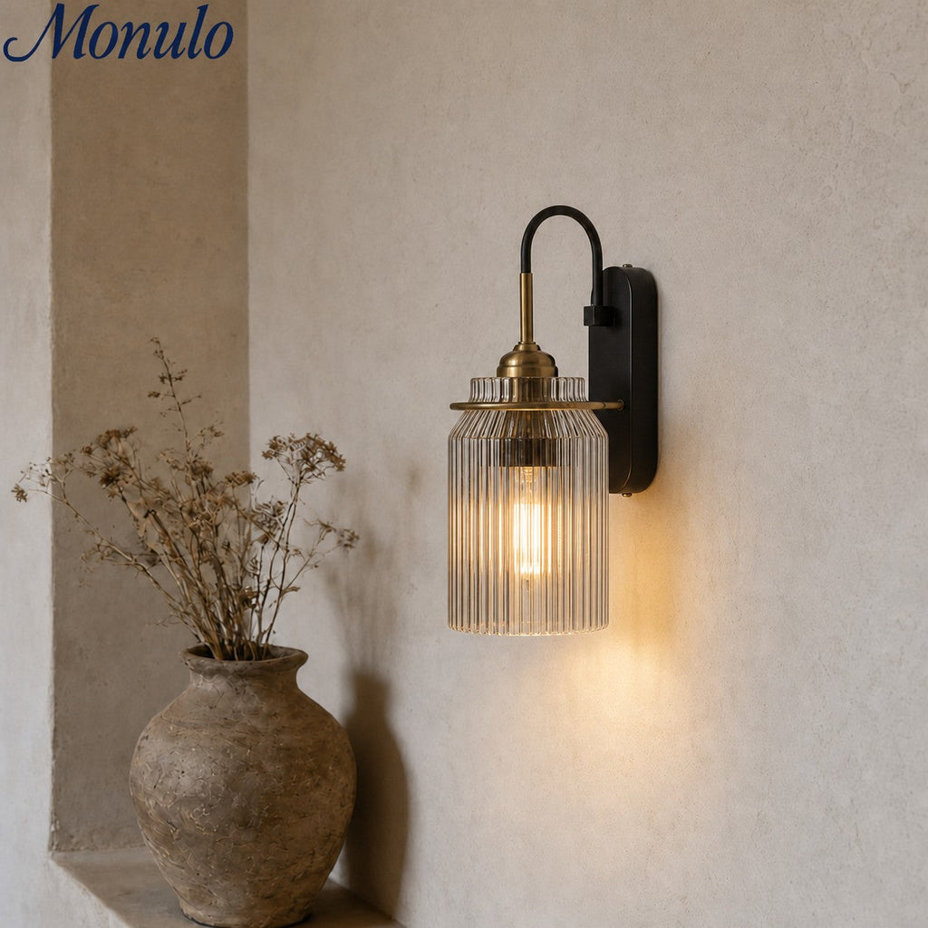 Modern Ribbed Brass and Glass Wall Sconce - Vanity Light for Bathroom Mirrors | Esilora
