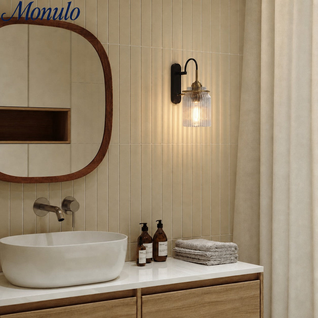 Modern Ribbed Brass and Glass Wall Sconce - Vanity Light for Bathroom Mirrors | Esilora