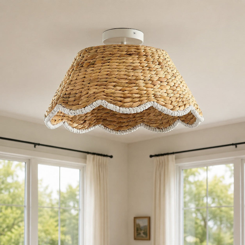 Ruvest Farmhouse Flush Mount Ceiling Light - Scallop Rattan for Warm Interiors | Esilora