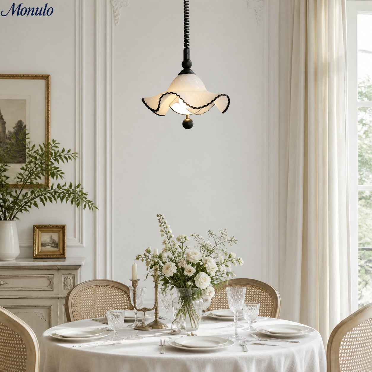 Javina Glass Pendant Light - French Vintage Ruffled Wave Shade for Bedroom and Dining Room | Esilora
