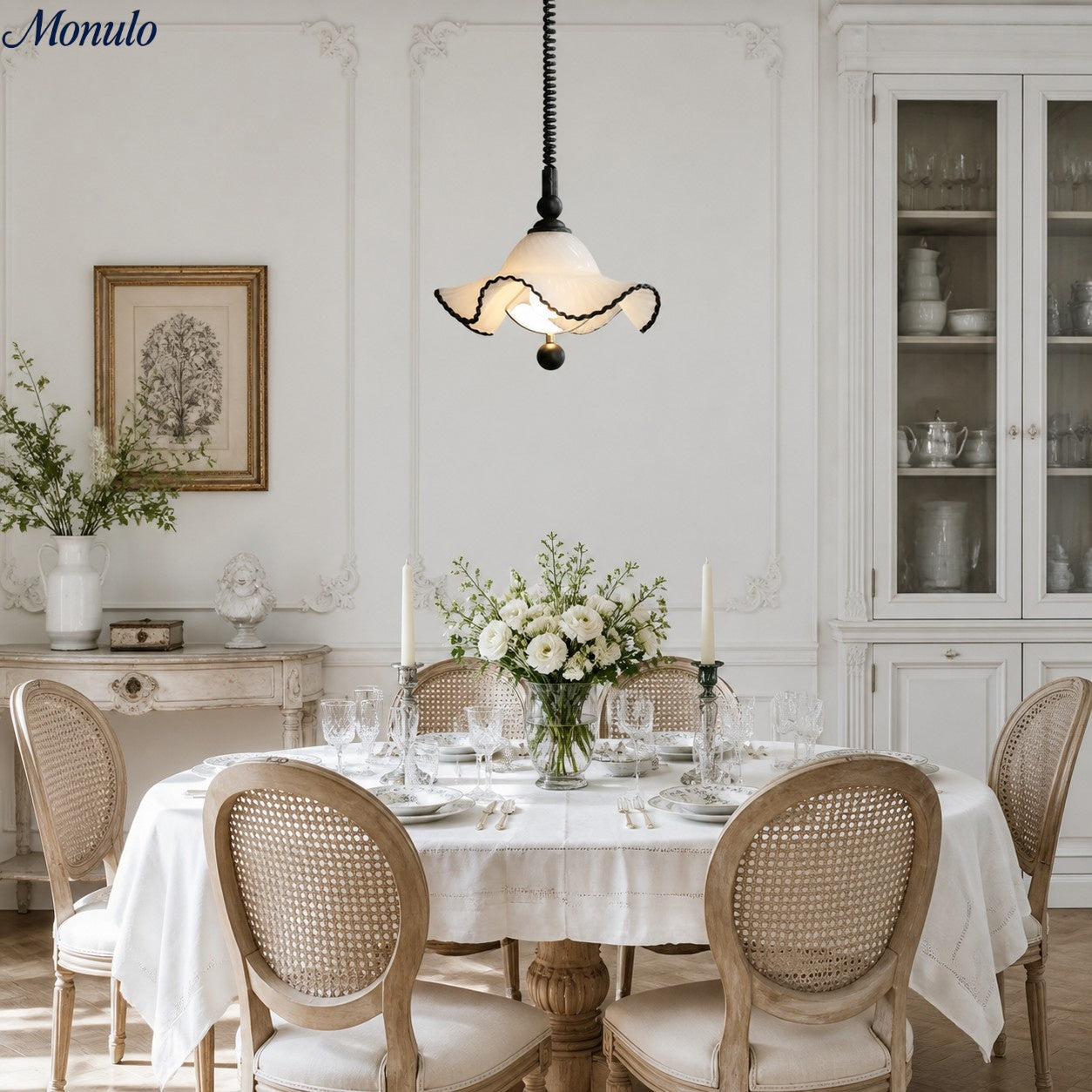 Javina Glass Pendant Light - French Vintage Ruffled Wave Shade for Bedroom and Dining Room | Esilora
