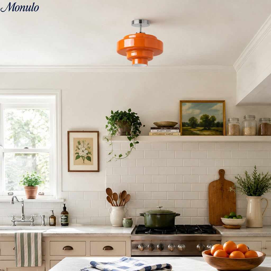 Plafonnier semi-encastré Koloro - Abat-jour rond en verre superposé, style rétro moderne, pour couloir et vestiaire | Esilora
