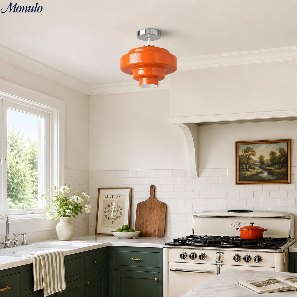 Plafonnier semi-encastré Koloro - Abat-jour rond en verre superposé, style rétro moderne, pour couloir et vestiaire | Esilora