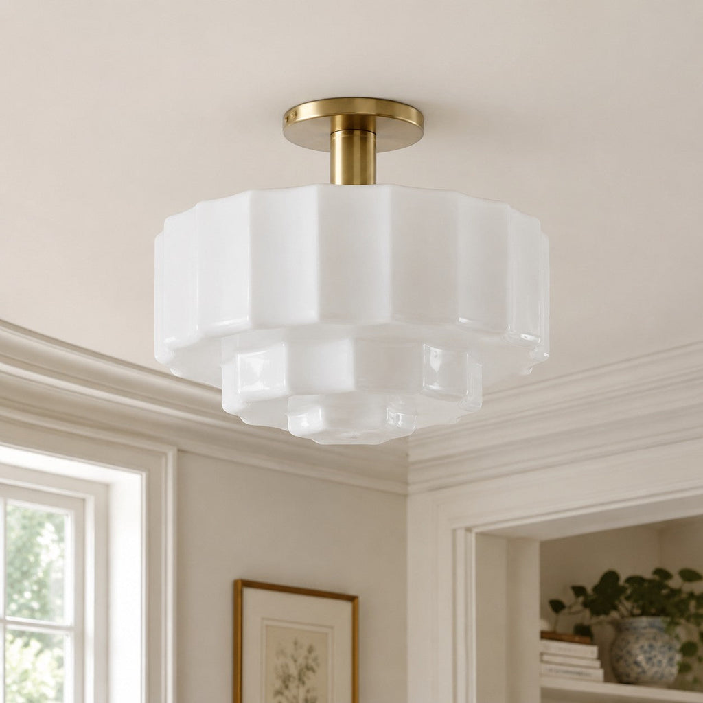 Geotower Glass Tiered Flush Ceiling Light - Vintage Inspired Glass Metal Ceiling Fixture for Home | Esilora