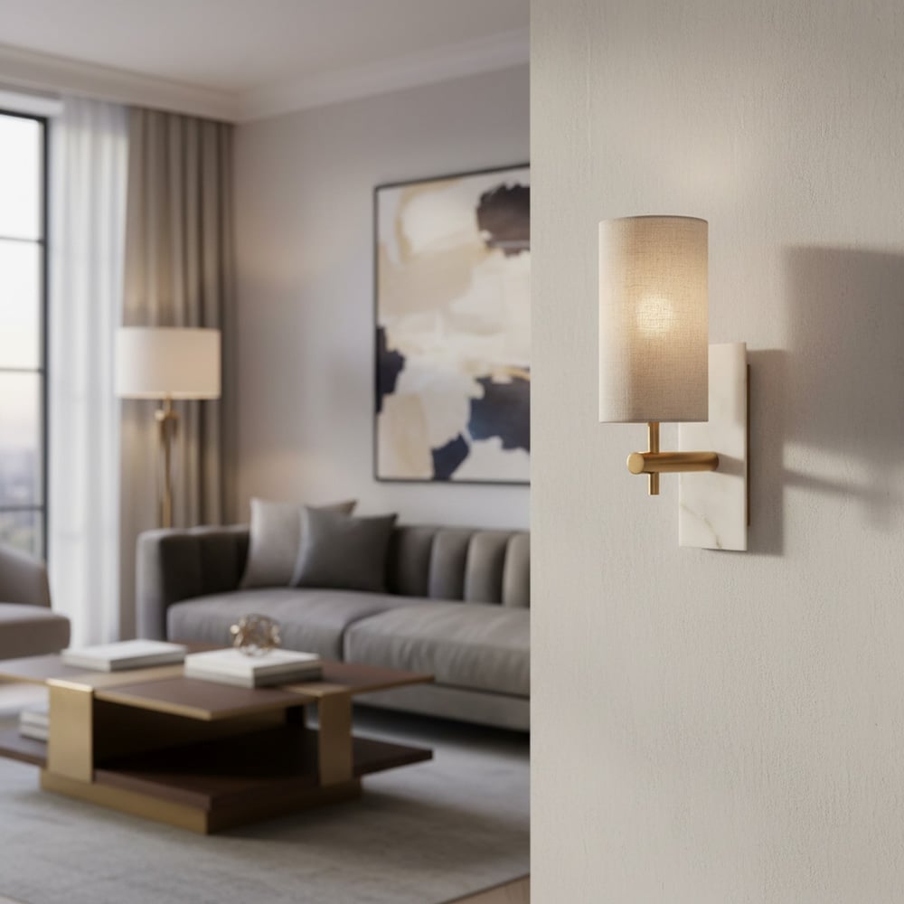 Mavora Leinen-Schirm Wandlampe mit Steinrückplatte – Elegante Schlafzimmer-Wandlampe | Esilora