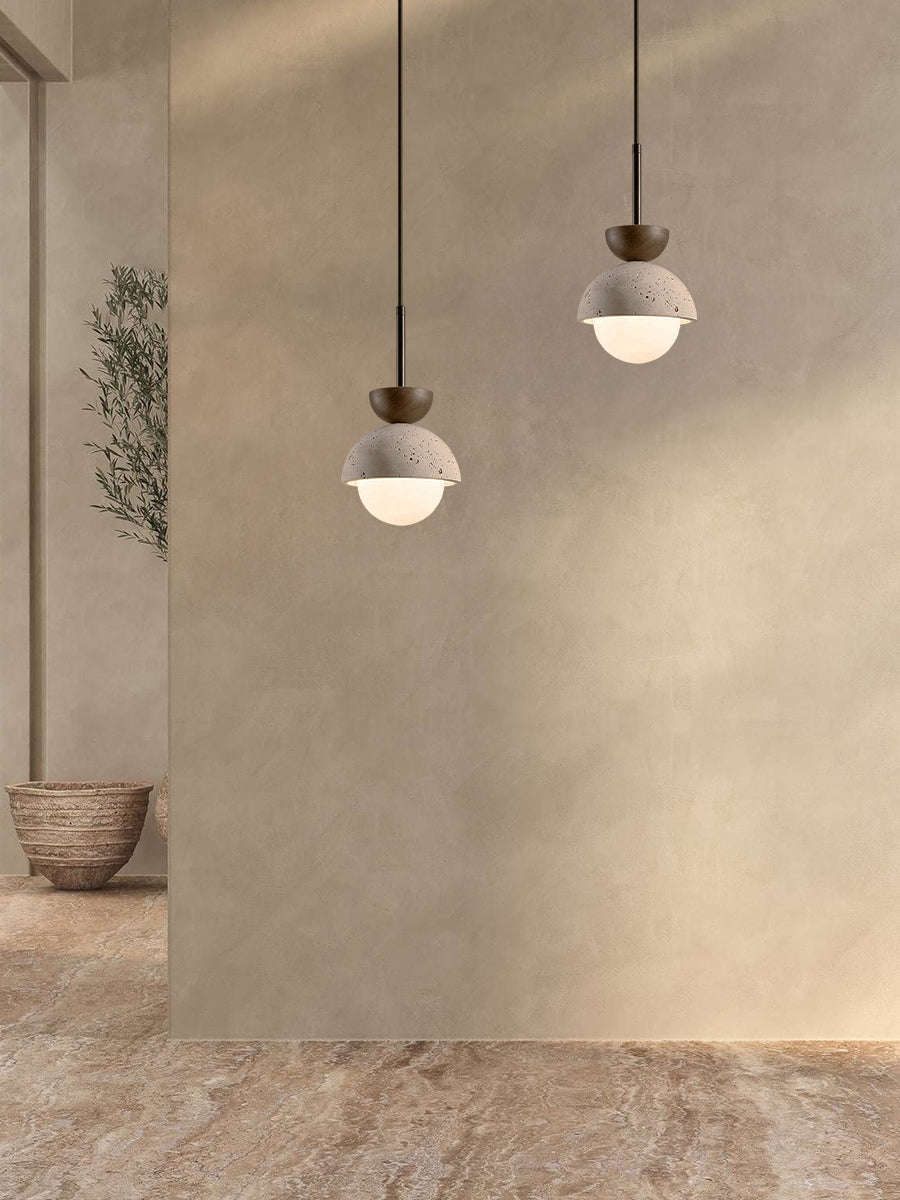 Modern Minimalist Hemisphere Travertine Wood Pendant Lamp | Esilora