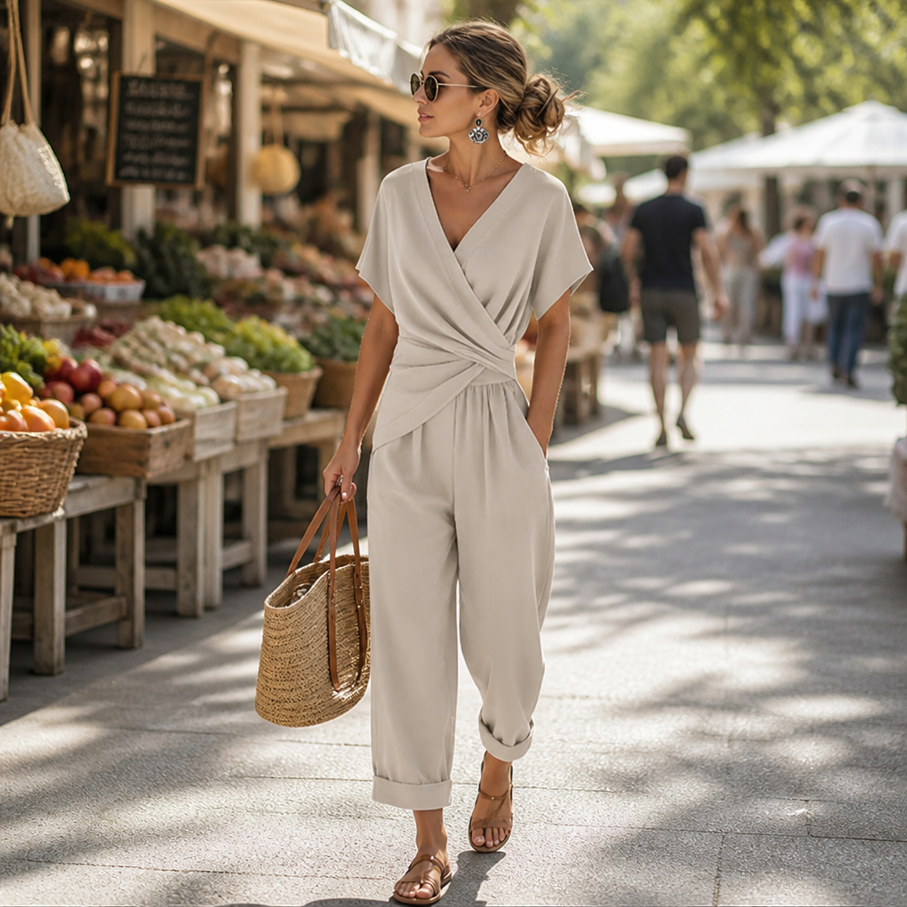 SolaraLuxe – Wrap-Front Wide-Leg Jumpsuit with Twist Waist - Esilora