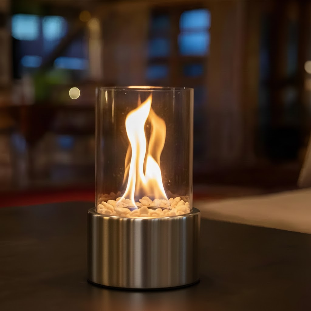 Smokeless Bioethanol Tabletop Fireplace — Modern Glass & Metal Frame