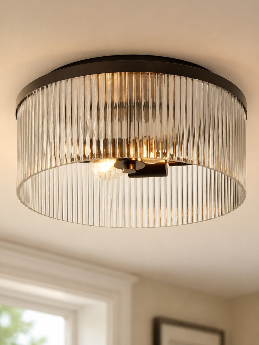 Bravira Elegant Ribbed Glass Flush-Mount Ceiling Light – Modern Low-Profile Fixture for Bedroom | Esilora