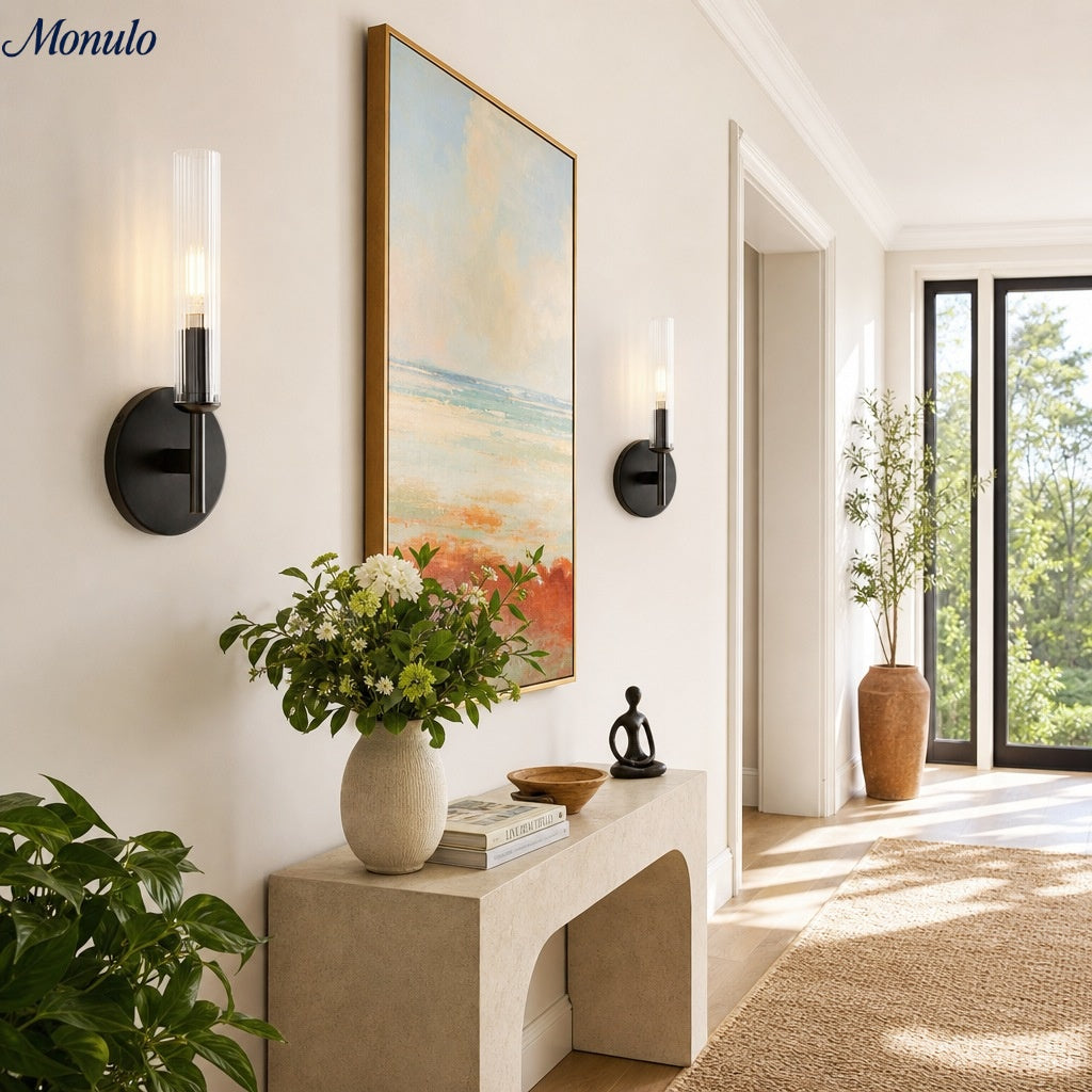 Bravira Glass Tube Wall Sconce - Classic Ribbed Brass Tube Lighting | Esilora