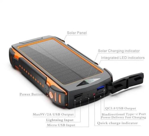 Solar Power Bank 20000mAh with 10W Wireless Charger and LED Light - Esilora
