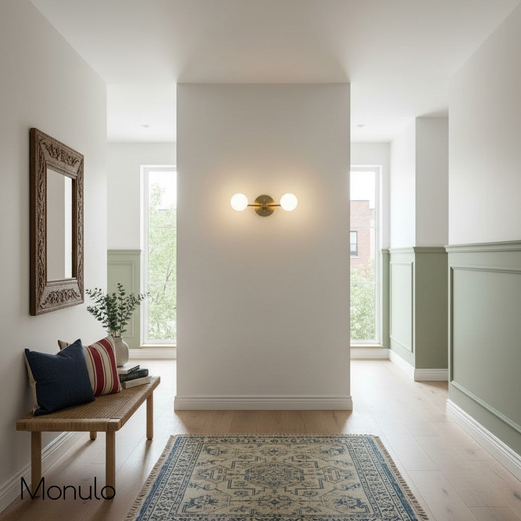 Glorica Glass Minimalist Metal Arm Globe Wall Sconce – Mid-Century Vanity Lighting for Mirror & Hallway | Esilora