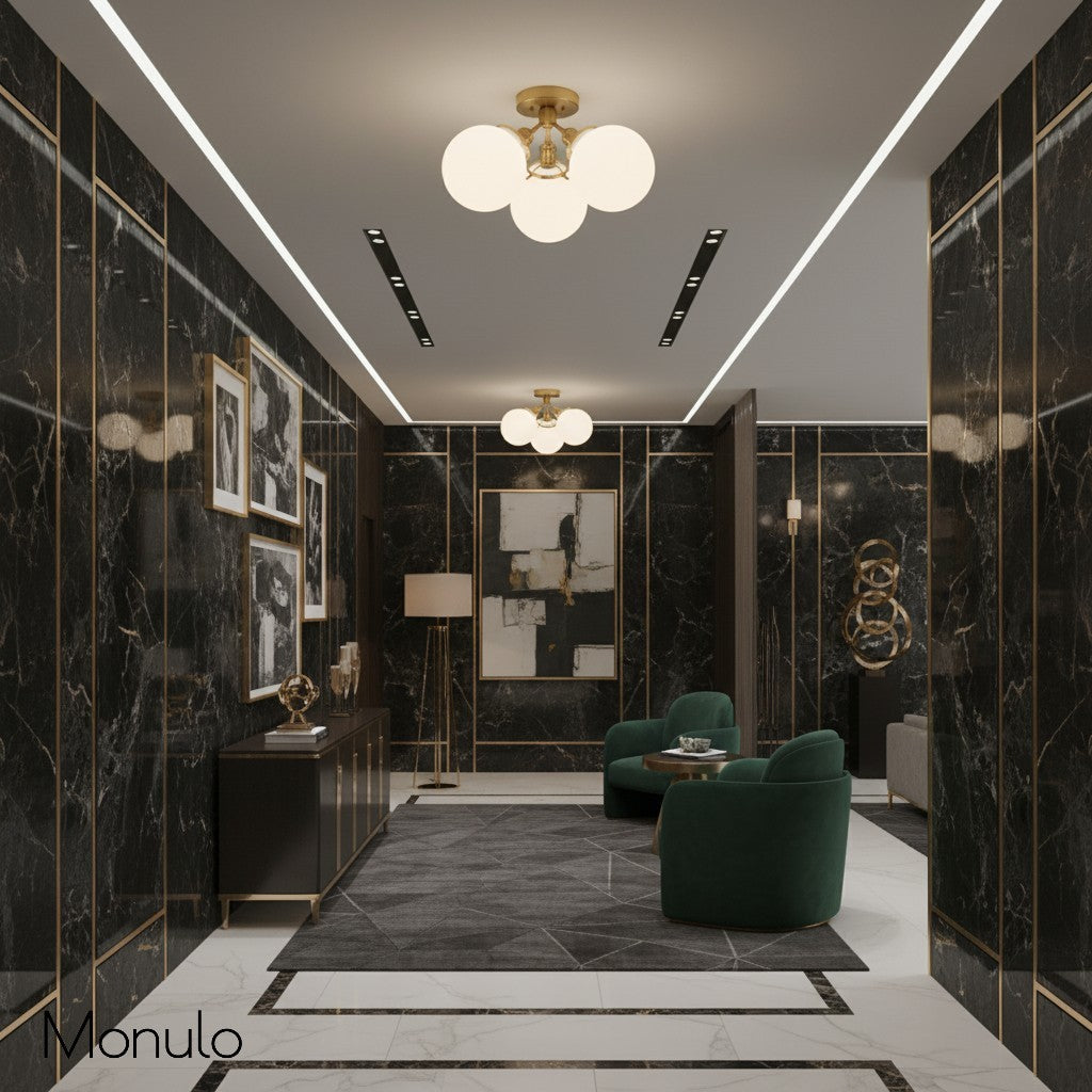 مصباح Glorica Glass السقفي الكروي بأسلوب منتصف القرن الحديث - مصباح معدني أنيق شبه مثبت بالسقف لغرف الطعام ومساحات المعيشة | Esilora