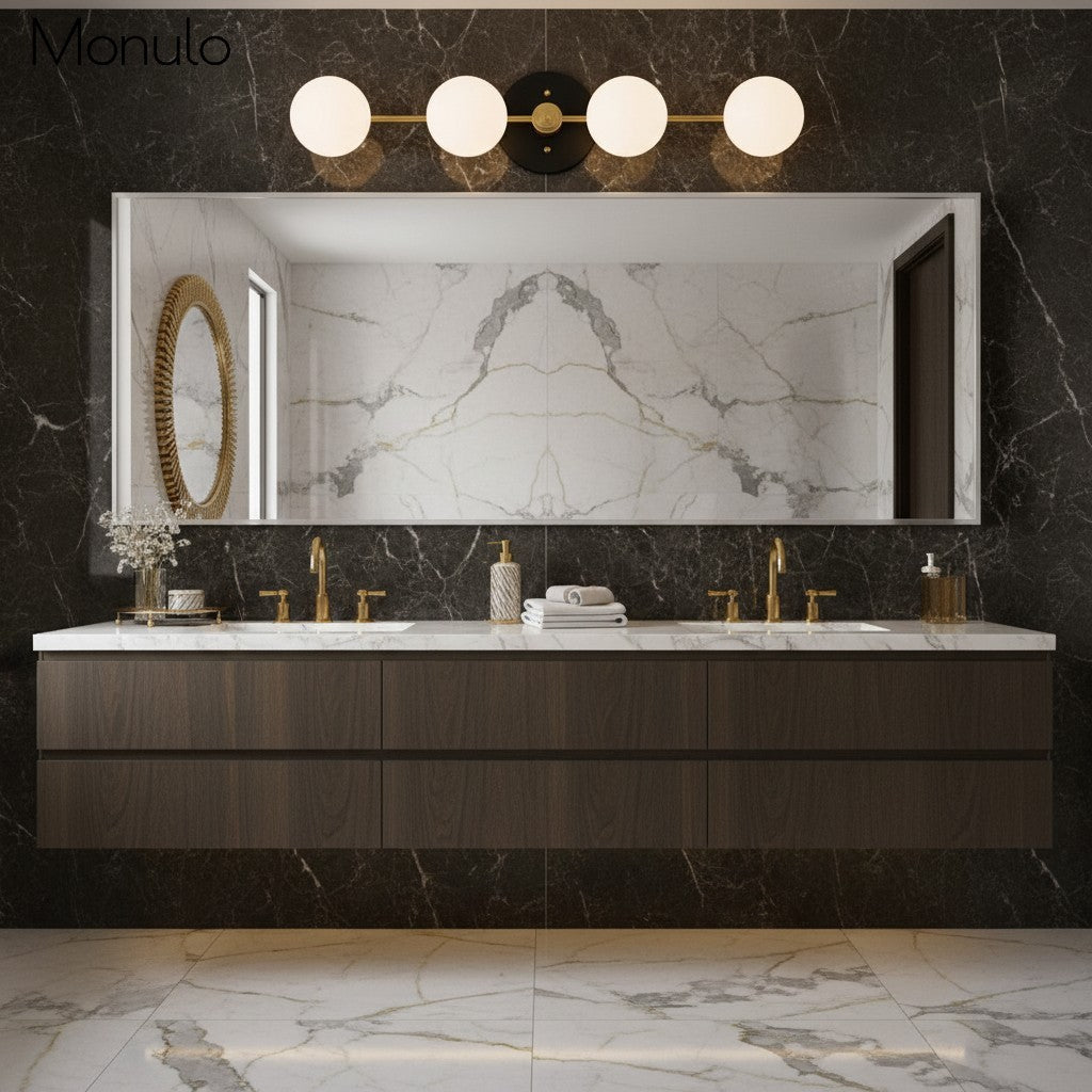 Lampada da parete Glorica Glass in metallo minimalista con barra e globo per toeletta — Lampada a globo da parete per spogliatoio e bagno | Esilora