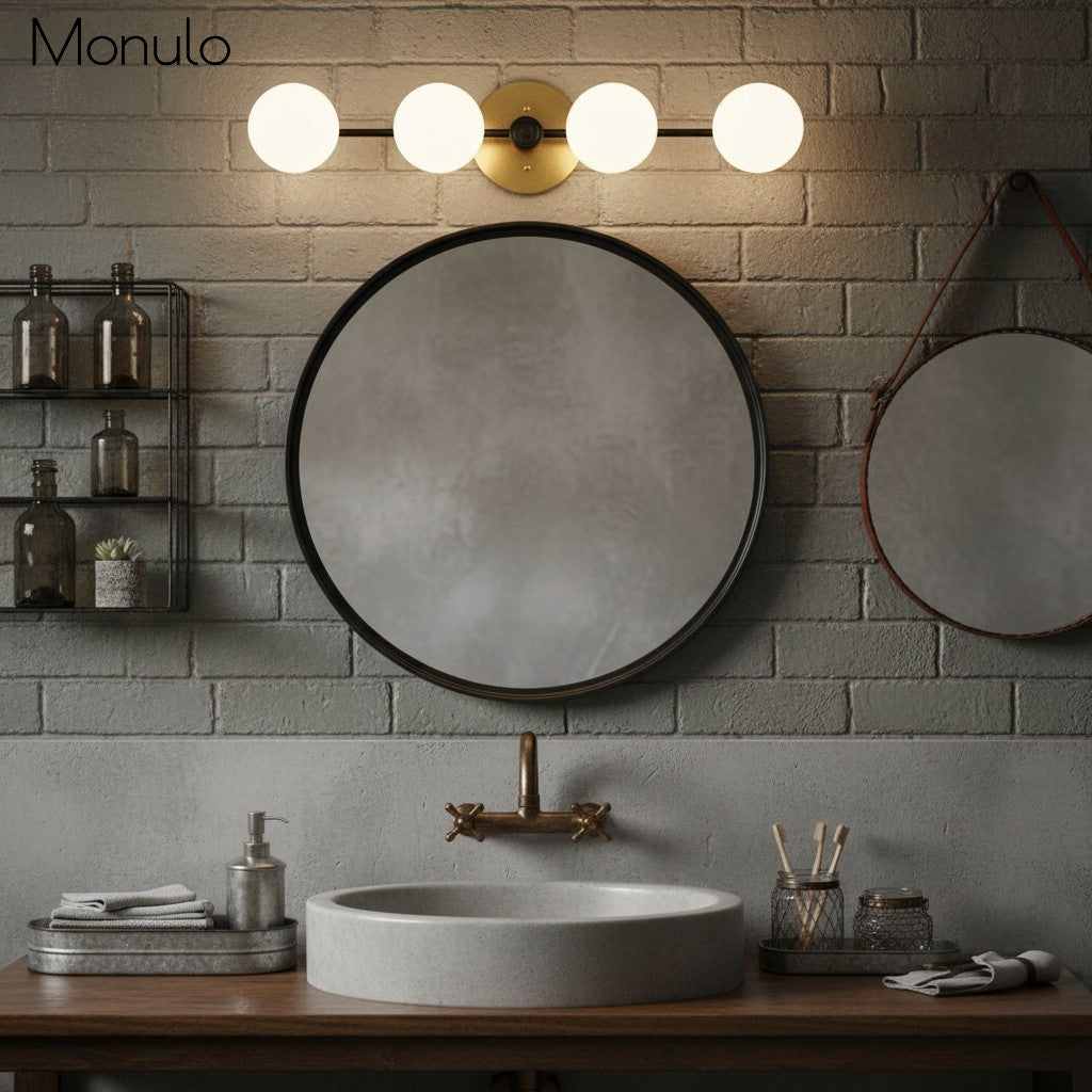 Lampada da parete Glorica Glass in metallo minimalista con barra e globo per toeletta — Lampada a globo da parete per spogliatoio e bagno | Esilora