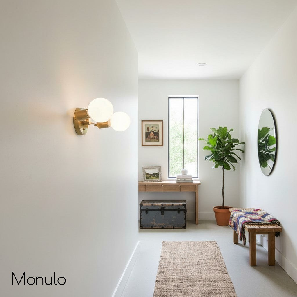 Glorica Glass Minimalist Metal Arm Globe Wall Sconce – Mid-Century Vanity Lighting for Mirror & Hallway | Esilora
