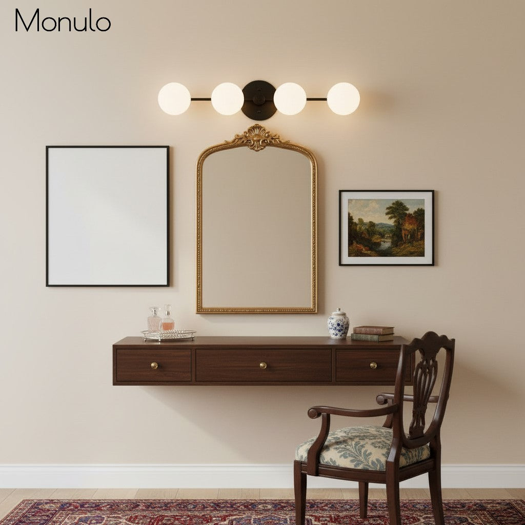 Lampada da parete Glorica Glass in metallo minimalista con barra e globo per toeletta — Lampada a globo da parete per spogliatoio e bagno | Esilora