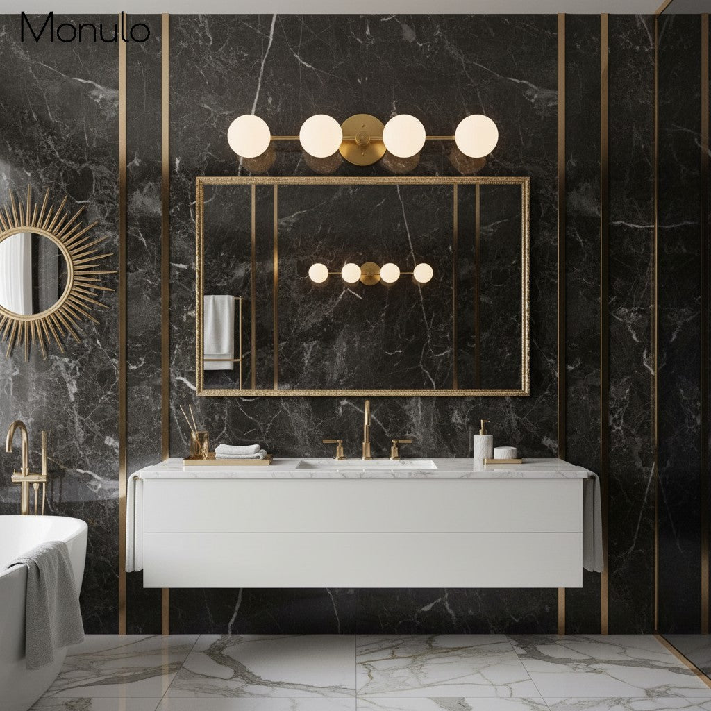 Lampada da parete Glorica Glass in metallo minimalista con barra e globo per toeletta — Lampada a globo da parete per spogliatoio e bagno | Esilora