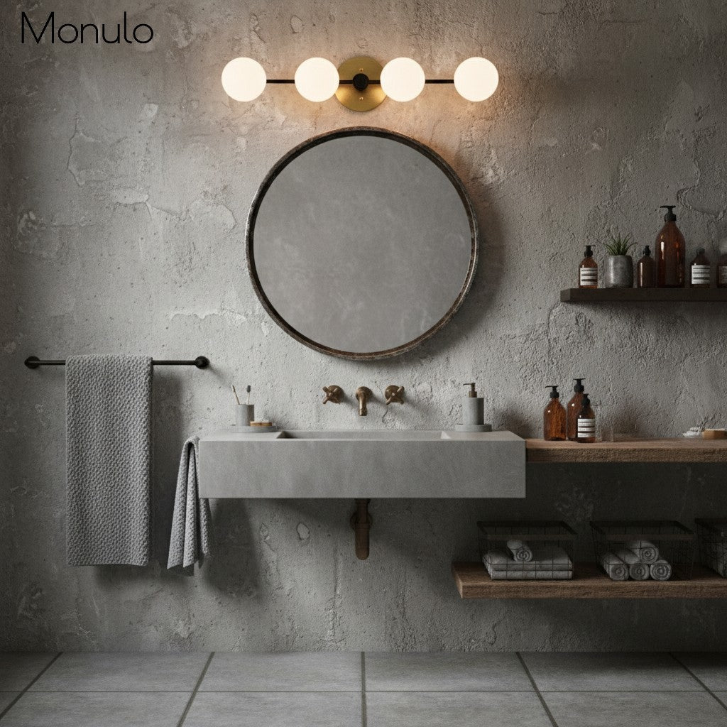 Lampada da parete Glorica Glass in metallo minimalista con barra e globo per toeletta — Lampada a globo da parete per spogliatoio e bagno | Esilora