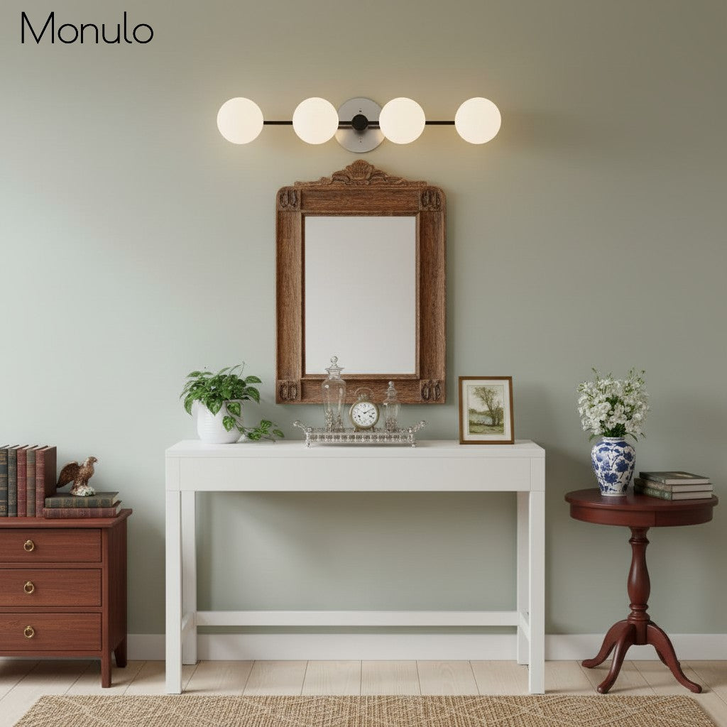 Lampada da parete Glorica Glass in metallo minimalista con barra e globo per toeletta — Lampada a globo da parete per spogliatoio e bagno | Esilora