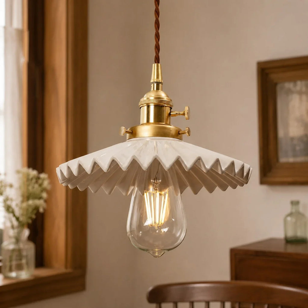 Pleated Ceramic Pendant Light with Brass Hardware | Esilora