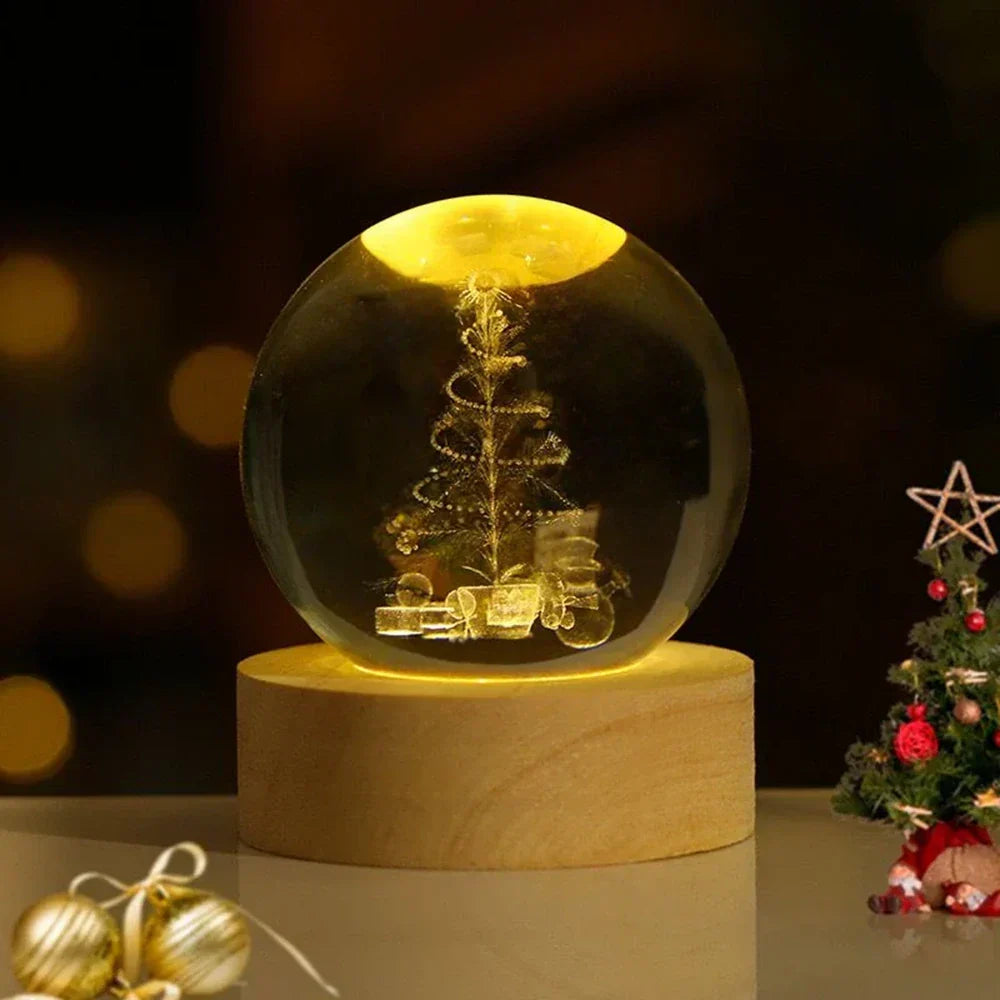 Lampă de veghe LED tip glob de cristal - carcasă din sticlă, bază din lemn