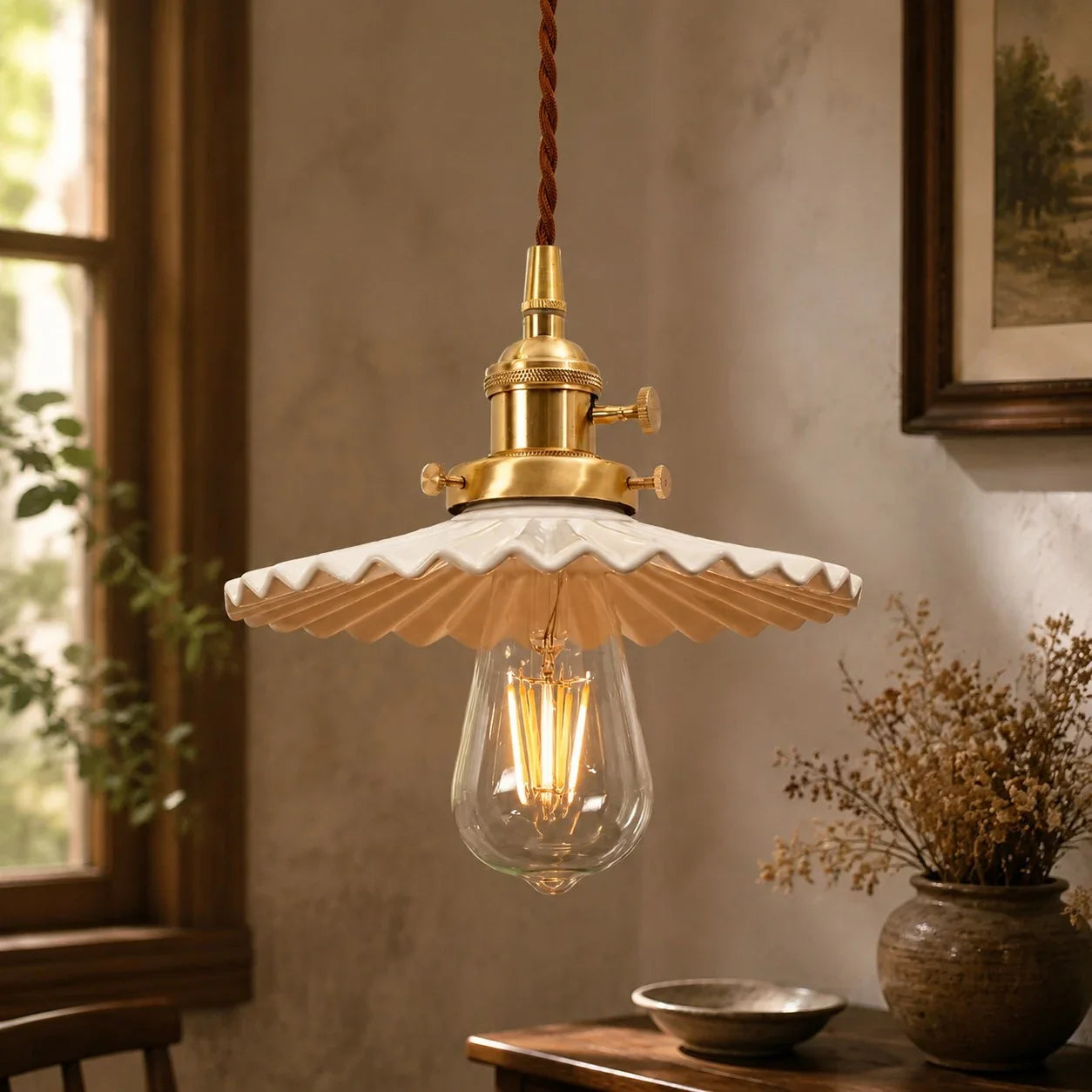 Pleated Ceramic Pendant Light with Brass Hardware | Esilora