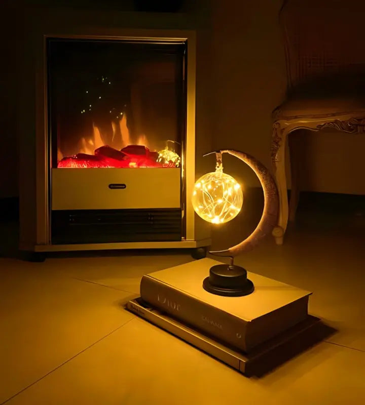 Stolní LED lampa ze skla - napájená bateriemi, srpek měsíce a zavěšená koule