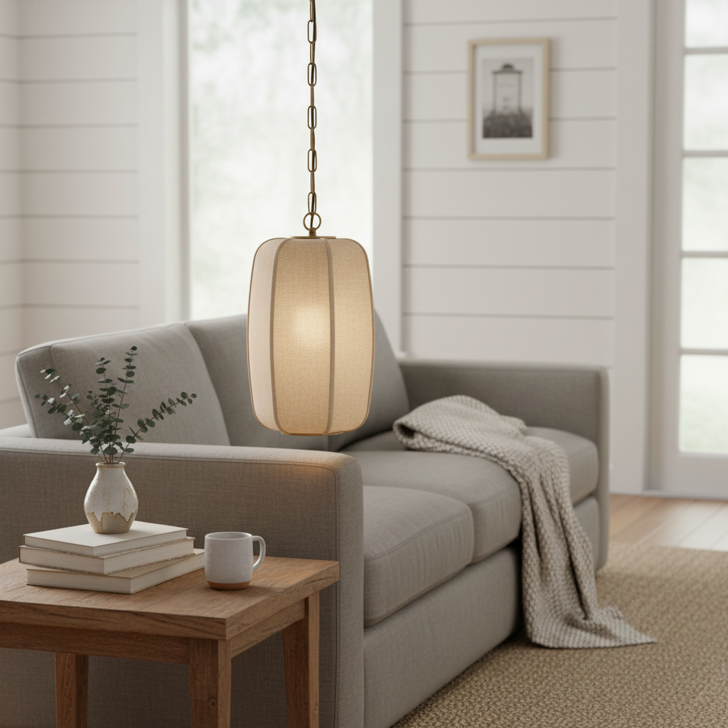 Loomis Tall Pendant with Textured Linen Shade – Industrial to Modern Pendant for Dining Room and Kitchen Island | Esilora