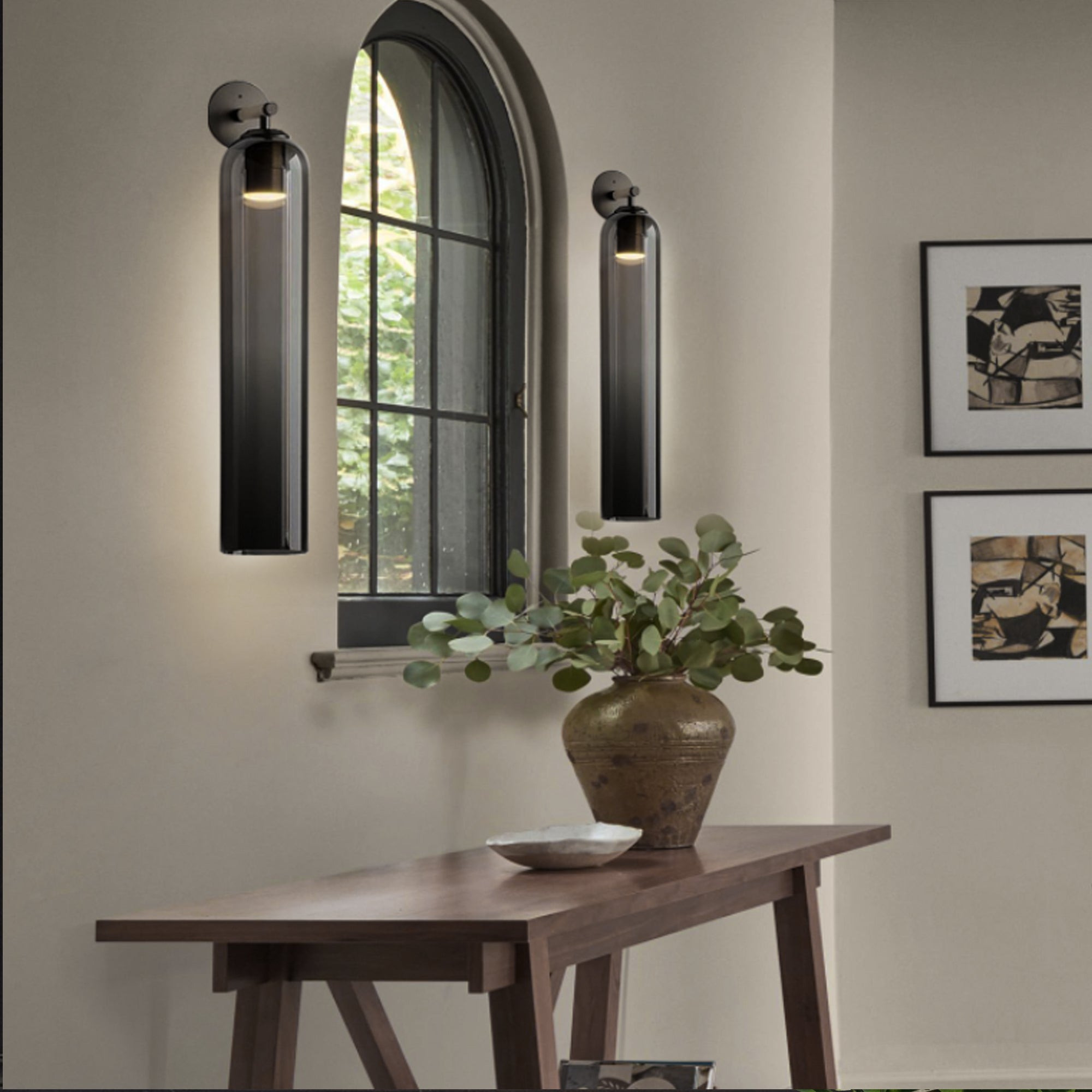 Art Glass Sconce Sand Nickel Smoke Gray Damp-rated LED Wall Light | Esilora