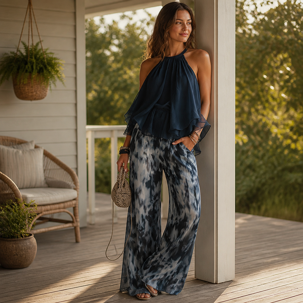 SolaraBreeze – Flowy Halter Ruffle Top & Wide-Leg Tie-Dye Pants Set - Esilora