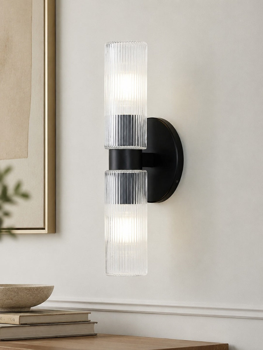 Rivora Ribbed Glass Tube Double Wall Lamp – Contemporary Wall Lighting for Entryway | Esilora