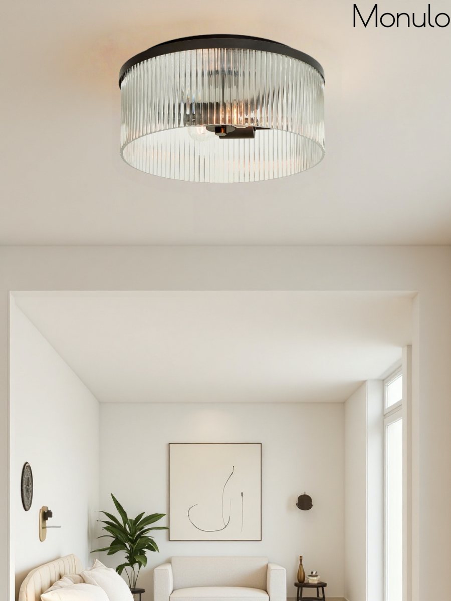 Bravira Elegant Ribbed Glass Flush-Mount Ceiling Light – Modern Low-Profile Fixture for Bedroom | Esilora