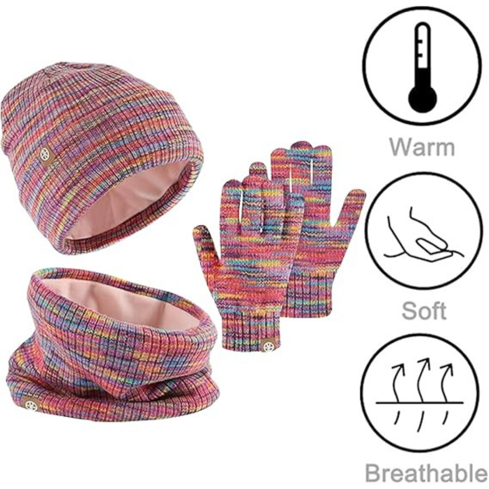Set invernale lavorato a maglia da 3 pezzi: cappello, sciarpa e guanti