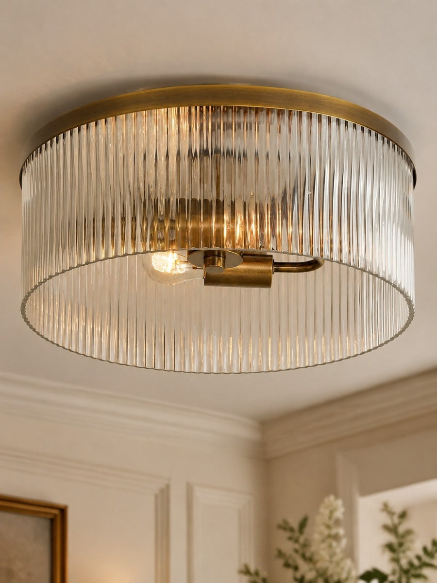 Bravira Elegant Ribbed Glass Flush-Mount Ceiling Light – Modern Low-Profile Fixture for Bedroom | Esilora