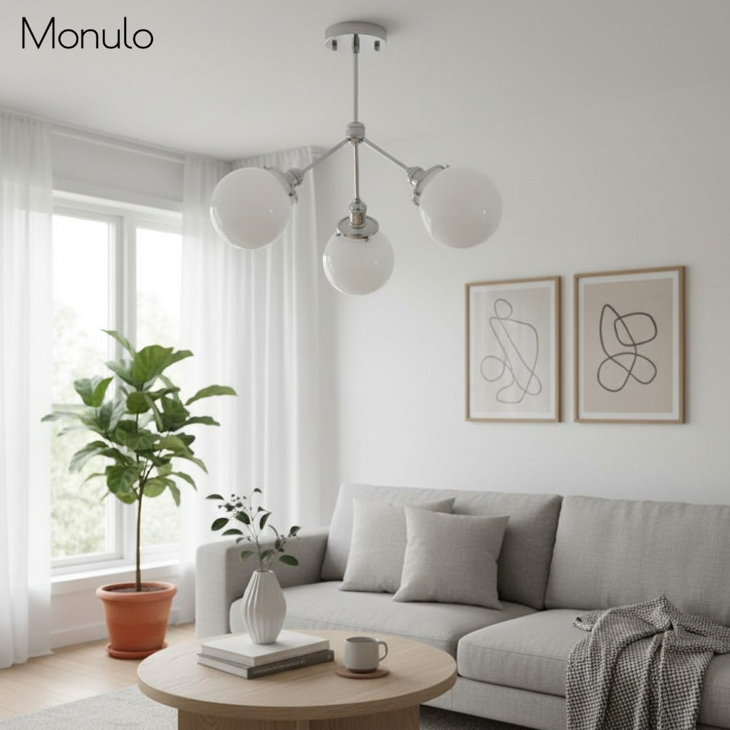 مصباح Glorica Glass السقفي شبه المثبت بكرة أوبال - تركيبة عصرية بأسلوب منتصف القرن لغرفة الطعام | Esilora