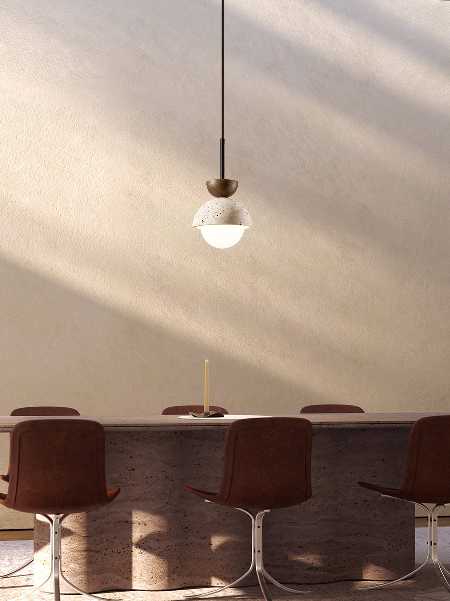 Modern Minimalist Hemisphere Travertine Wood Pendant Lamp | Esilora