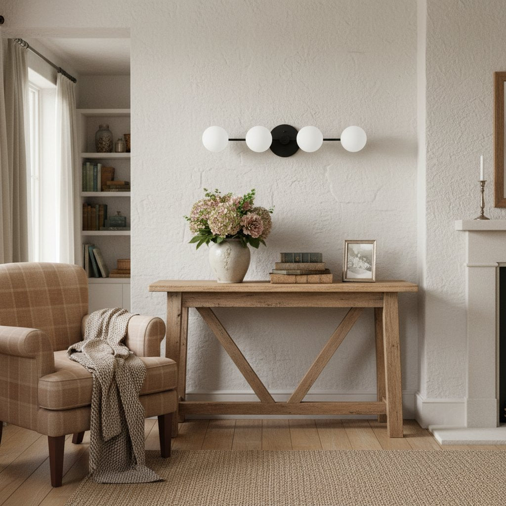 Lampada da parete Glorica Glass in metallo minimalista con barra e globo per toeletta — Lampada a globo da parete per spogliatoio e bagno | Esilora