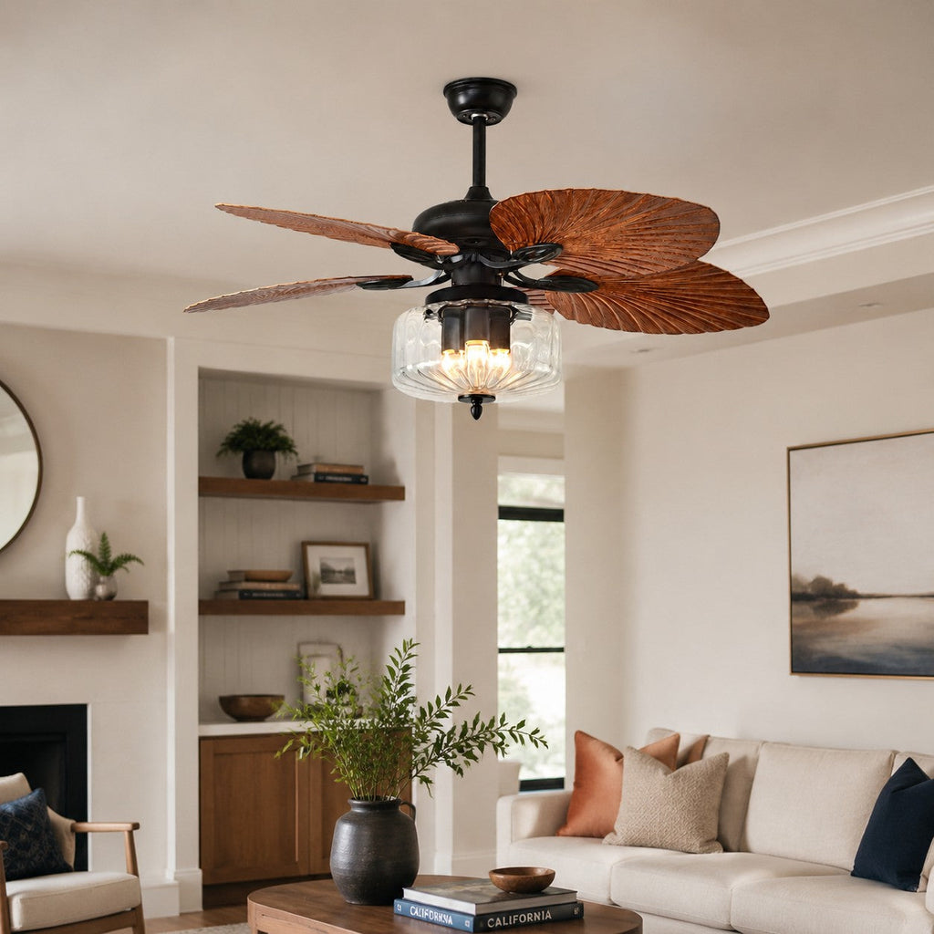 Konoha Holzdeckenventilator mit Bananenblatt und Licht | Esilora