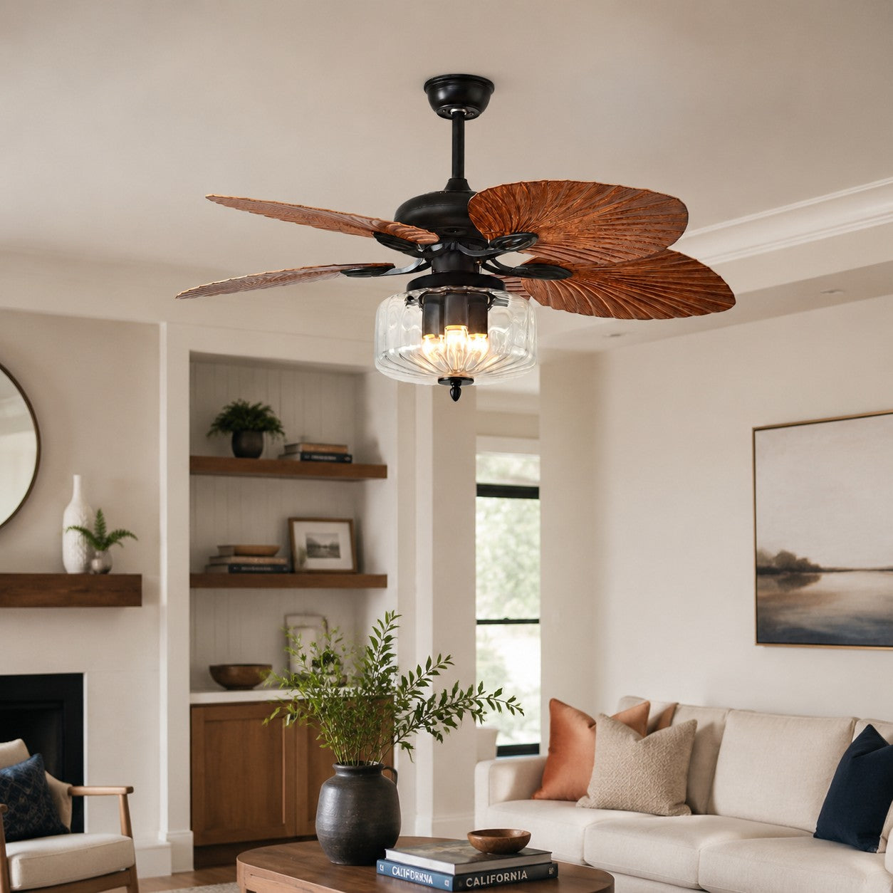 Konoha Holzdeckenventilator mit Bananenblatt und Licht | Esilora