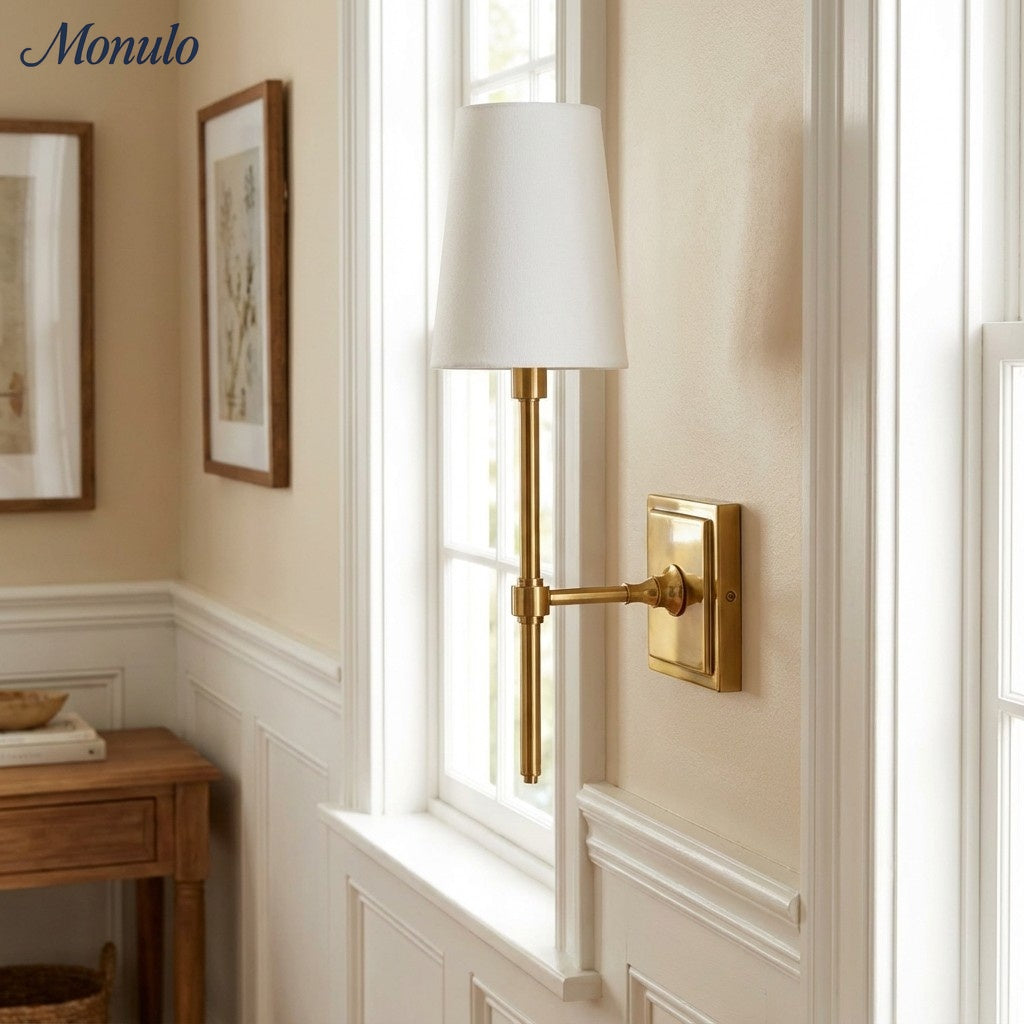 Rowan Elegant White-Linen Shade Wall Lamp – Retro Metal Wall Light for Bedroom & Hallway | Esilora