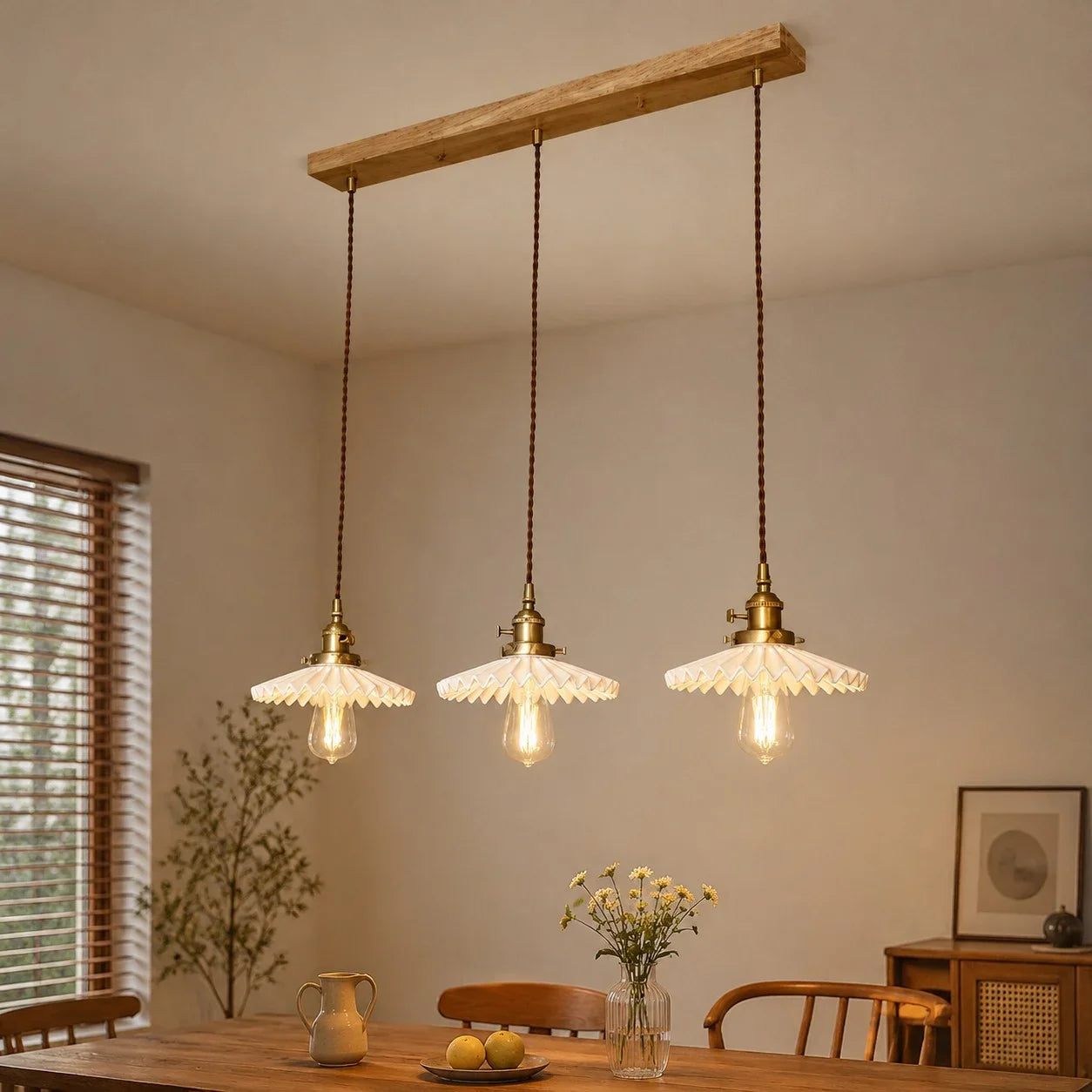 Pleated Ceramic Pendant Light with Brass Hardware | Esilora