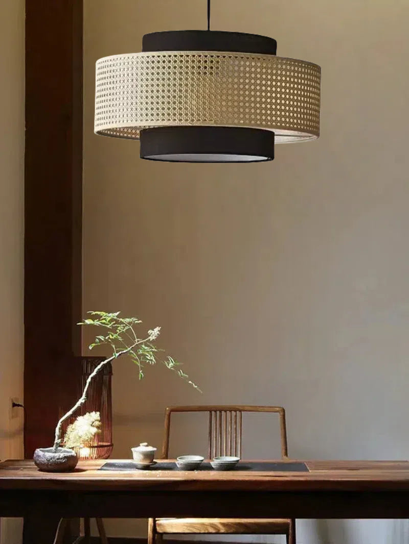 Rustic Japanese Wabi-Sabi Style Hemp Rope Rattan Drum Shape Zen Pendant Light | Esilora