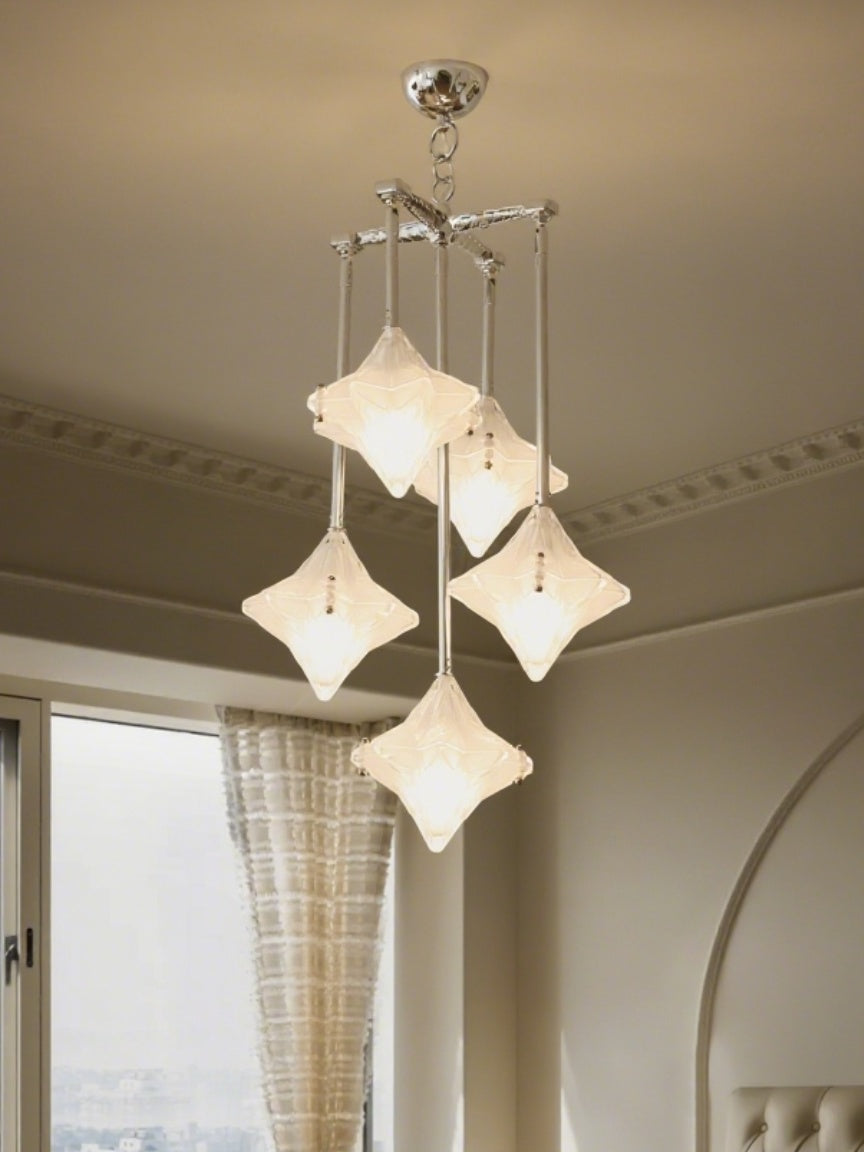 Art Deco Star Chandelier – Frosted Glass Deco Fixture for Dining Room – Astris Vega | Esilora