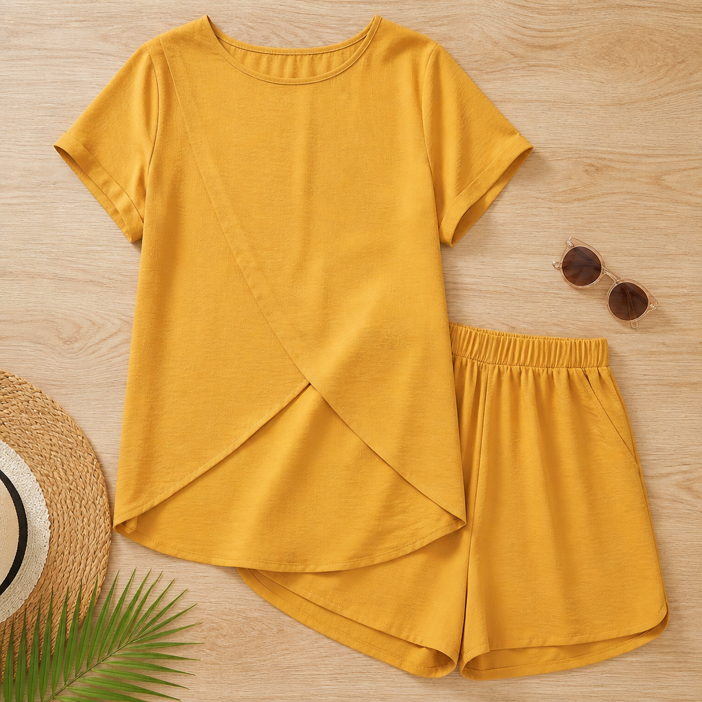 SolaraEase – Relaxed Tulip-Hem Top & Shorts Summer Set - Esilora