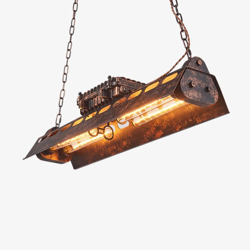 Industrax steampunk lineær lysekrone – vintage metalrammebelysning til spisestue eller stue | Esilora