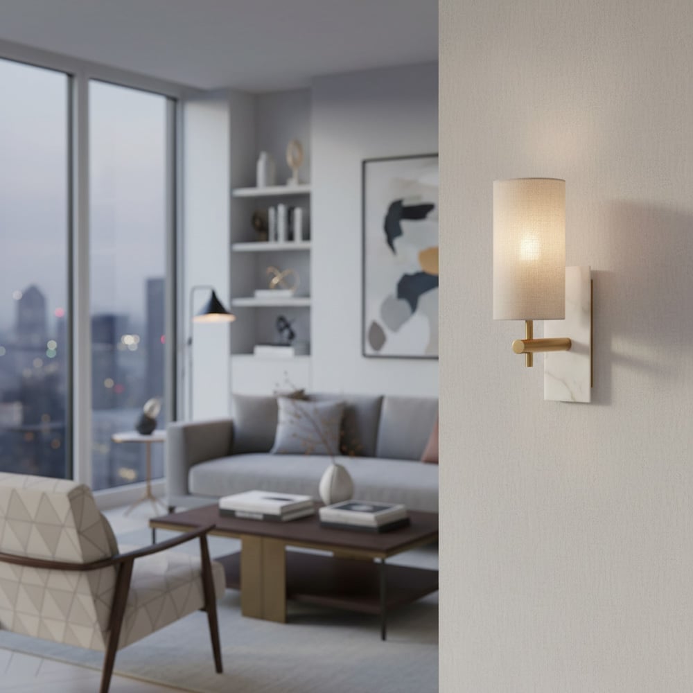 Mavora Leinen-Schirm Wandlampe mit Steinrückplatte – Elegante Schlafzimmer-Wandlampe | Esilora