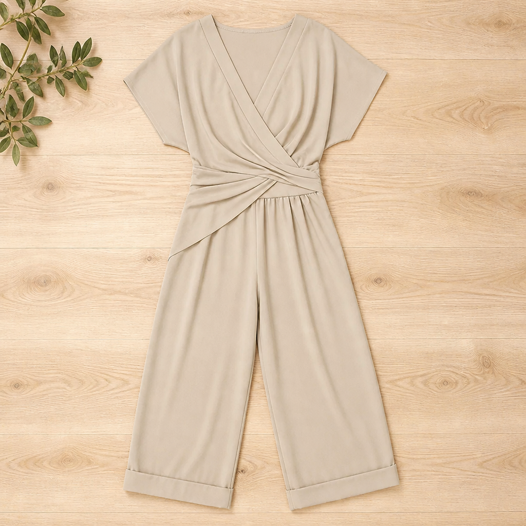 SolaraLuxe – Wrap-Front Wide-Leg Jumpsuit with Twist Waist - Esilora