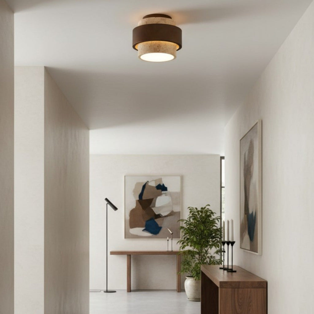 MokuStone Wabi Sabi Travertine Ceiling Lamp - Textured Stone Flush Mount Lighting for Home | Esilora