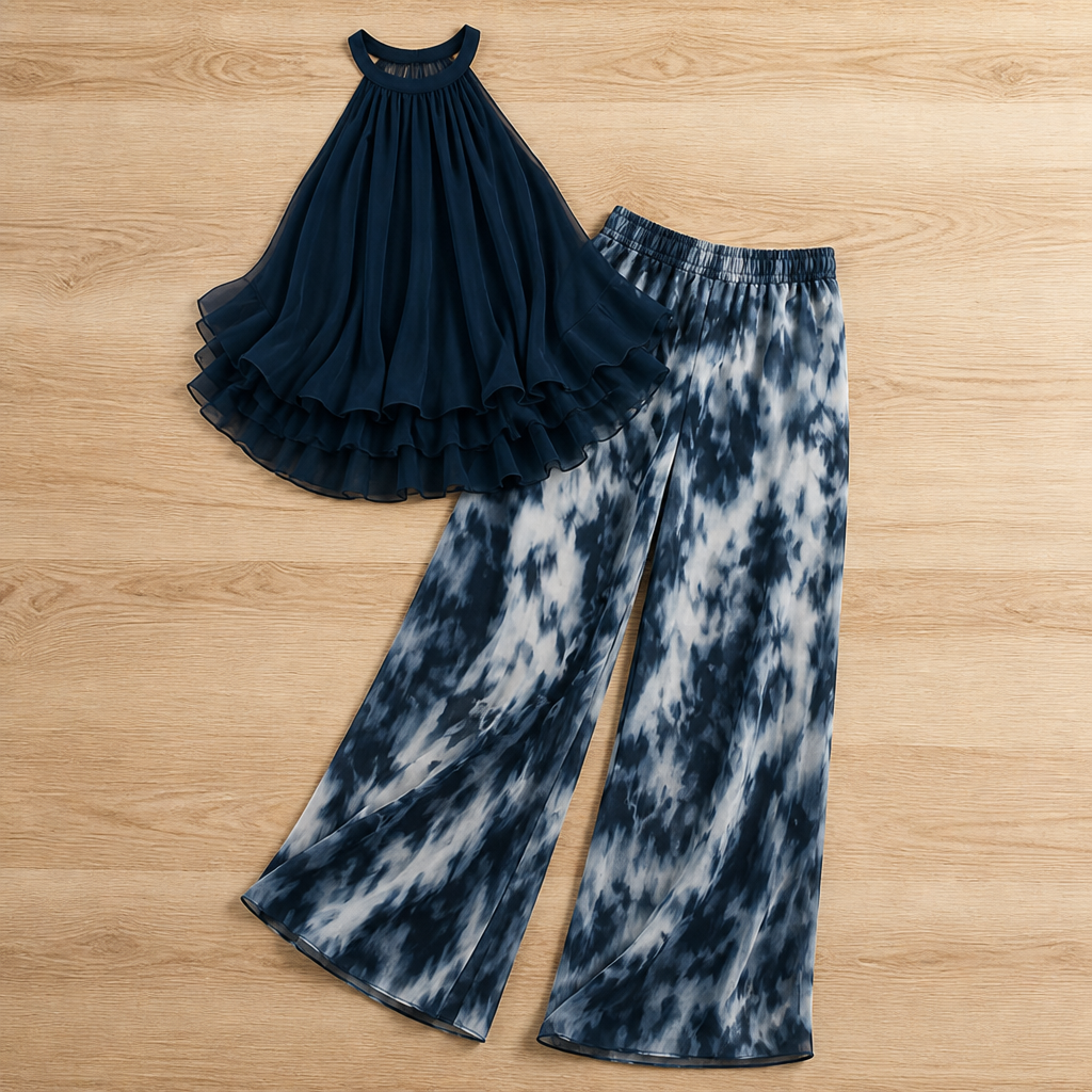 SolaraBreeze – Flowy Halter Ruffle Top & Wide-Leg Tie-Dye Pants Set - Esilora